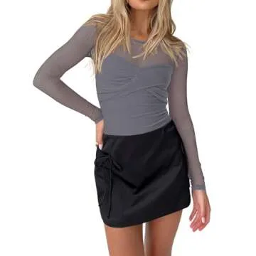 REORIA Women's Fall Sexy Round Neck Front Twist Knot Long Sleeve Sheer Mesh Slimming Ruched Trendy Going Out Bodysuit Tops for Night Out Deep Grey Small