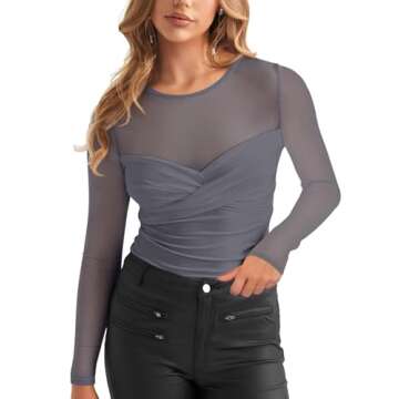REORIA Women's Fall Sexy Round Neck Front Twist Knot Long Sleeve Sheer Mesh Slimming Ruched Trendy Going Out Bodysuit Tops for Night Out Deep Grey Small