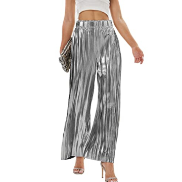 heipeiwa Women’s Shiny Pleated Wide Leg Party Pants