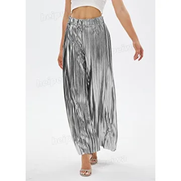 heipeiwa Women’s Shiny Pleated Wide Leg Party Pants