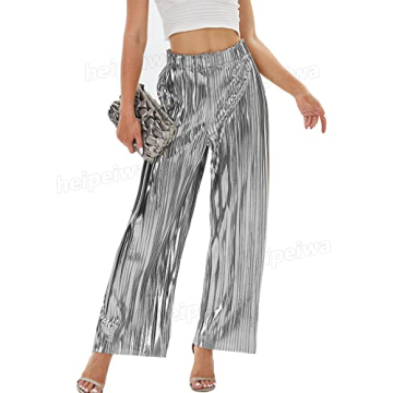heipeiwa Women’s Shiny Pleated Wide Leg Party Pants