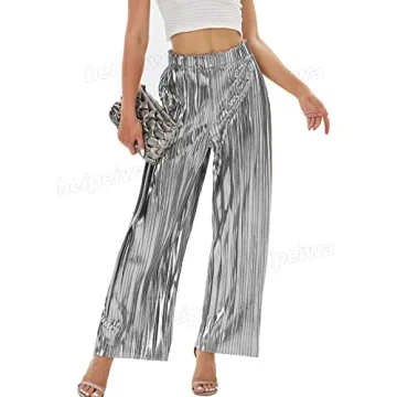heipeiwa Women’s Shiny Pleated Wide Leg Party Pants