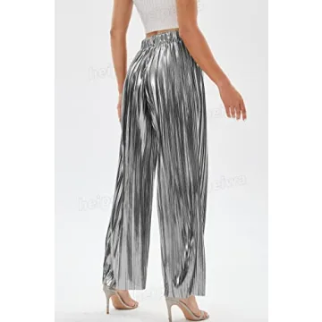 heipeiwa Women’s Shiny Pleated Wide Leg Party Pants