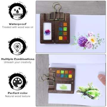 Ouligay 8 Grid Mini Portable Watercolor Palette with A Clip, Wooden Colour Mini Paint Palette, Sketchbook Palette for Water Color, Gouache, Acrylic Paint, Gift for Painters and Artists