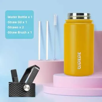 BJPKPK Water Bottle with Straw Lid, 15 oz Insulated Water Bottle, Stainless Steel Metal Water Bottles, Reusable Leak Proof BPA Free Thermos, Flask, Cups,Macaron-Orange