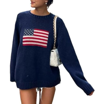 Women Vintage Loose Casual Sweater Long Sleeve Crew Neck USA Flag Print Knit Pullover Knitwear Fall ...