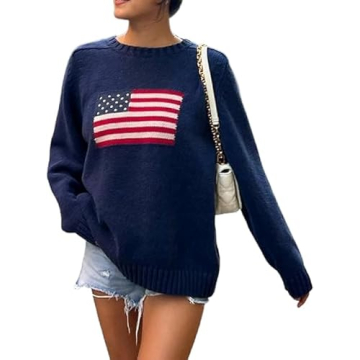 Stylish Women Vintage USA Flag Print Sweater for Fall