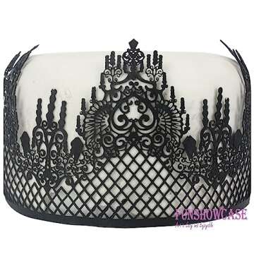 FUNSHOWCASE Large Pre-Made Ready to Use Edible Cake Lace Lattice Diamond Scallop 12-inch 10-piece Set Black