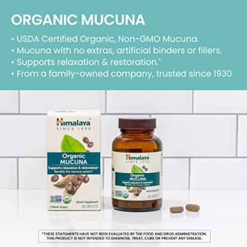 Himalaya Organic Mucuna/Pruriens Herbal Supplement, Supports Relaxation, Tension Relief, Brain Function, Non-GMO, USDA Organic, Vegan, Gluten Free, 600 mg, 60 Plant-Caplets, 60 Day Supply