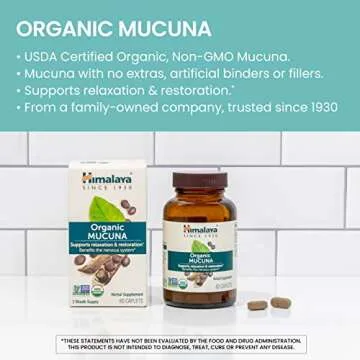 Himalaya Organic Mucuna/Pruriens Herbal Supplement, Supports Relaxation, Tension Relief, Brain Function, Non-GMO, USDA Organic, Vegan, Gluten Free, 600 mg, 60 Plant-Caplets, 60 Day Supply