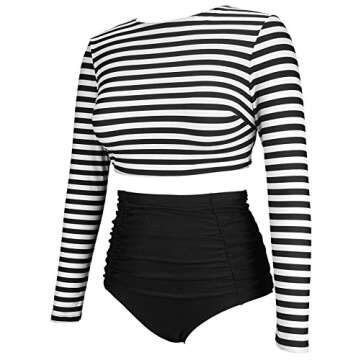 COCOSHIP Black & White Striped Women's Multi-Purpose Long Sleeve Swim Shirt Rash Guard Top Tankinis High Waist Bathing Swimsuit 6