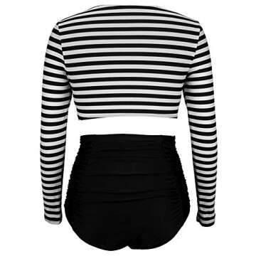 COCOSHIP Black & White Striped Women's Multi-Purpose Long Sleeve Swim Shirt Rash Guard Top Tankinis High Waist Bathing Swimsuit 6