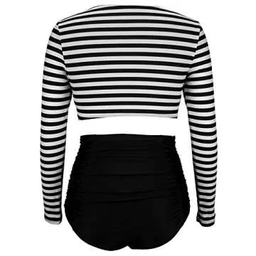 COCOSHIP Black & White Striped Women's Multi-Purpose Long Sleeve Swim Shirt Rash Guard Top Tankinis High Waist Bathing Swimsuit 6