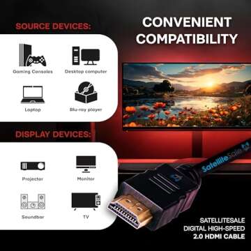 SatelliteSale Digital High-Speed 2.0 HDMI Cable with 4K Support - 6 Feet - Universal Black Wire