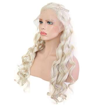 24" Long Wavy 60# Platinum Blonde Glueless Lace Front Wigs For Women Ash Blonde Lace Front Braided W...