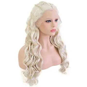 24" Long Wavy 60# Platinum Blonde Glueless Lace Front Wigs For Women Ash Blonde Lace Front Braided Wig Midlle Part Natural Curly Heat Resistant Synthetic Hair Wigs For Dragon Queen Costume Daenerys Ta