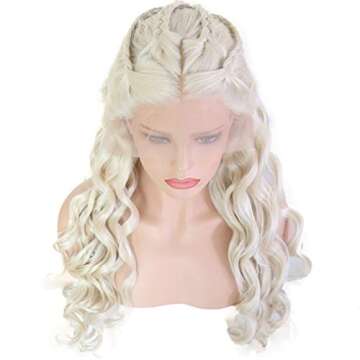 24" Long Wavy 60# Platinum Blonde Glueless Lace Front Wigs For Women Ash Blonde Lace Front Braided Wig Midlle Part Natural Curly Heat Resistant Synthetic Hair Wigs For Dragon Queen Costume Daenerys Ta