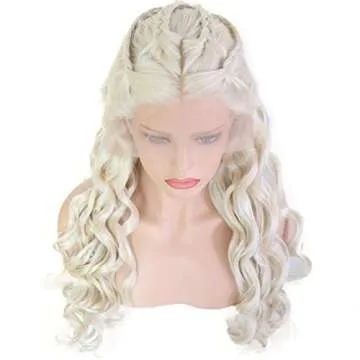 24" Long Wavy 60# Platinum Blonde Glueless Lace Front Wigs For Women Ash Blonde Lace Front Braided Wig Midlle Part Natural Curly Heat Resistant Synthetic Hair Wigs For Dragon Queen Costume Daenerys Ta
