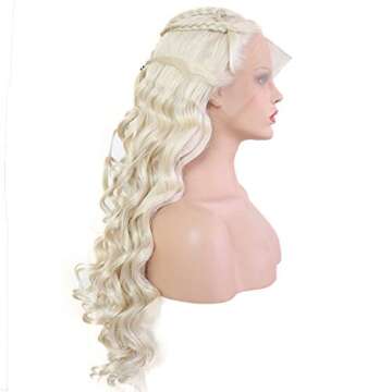 24" Long Wavy 60# Platinum Blonde Glueless Lace Front Wigs For Women Ash Blonde Lace Front Braided Wig Midlle Part Natural Curly Heat Resistant Synthetic Hair Wigs For Dragon Queen Costume Daenerys Ta