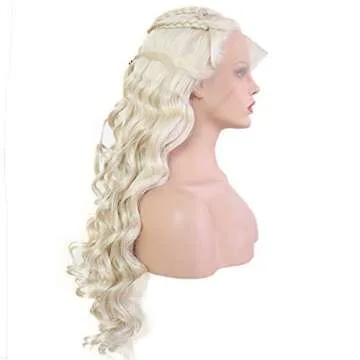 24" Long Wavy 60# Platinum Blonde Glueless Lace Front Wigs For Women Ash Blonde Lace Front Braided Wig Midlle Part Natural Curly Heat Resistant Synthetic Hair Wigs For Dragon Queen Costume Daenerys Ta