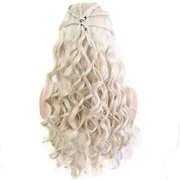 24" Long Wavy 60# Platinum Blonde Glueless Lace Front Wigs For Women Ash Blonde Lace Front Braided Wig Midlle Part Natural Curly Heat Resistant Synthetic Hair Wigs For Dragon Queen Costume Daenerys Ta