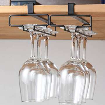 GeLive Under Cabinet Wine Glass Rack Double Row Stemware Holder Kitchen Hanger No Drilling Metal Wine Glass Storage Organizer (Black, 2)