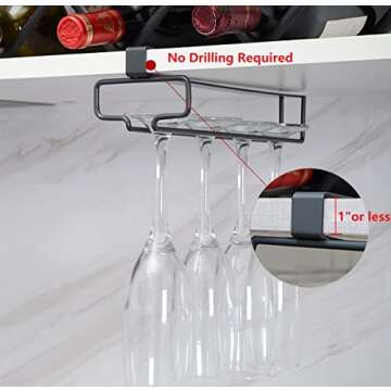 GeLive Under Cabinet Wine Glass Rack Double Row Stemware Holder Kitchen Hanger No Drilling Metal Wine Glass Storage Organizer (Black, 2)