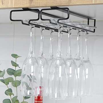 GeLive Under Cabinet Wine Glass Rack Double Row Stemware Holder Kitchen Hanger No Drilling Metal Wine Glass Storage Organizer (Black, 2)