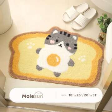 Molesun Cute Bath Mats Toast, Soft and Absorbent Microfiber Bath Rugs, Non-Slip Shaggy Shower Carpet, Machine Wash Dry, Soft Shower Rugs for Bathroom Floor, Tub and Shower, 20 x 31, Cat