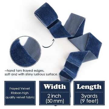 HUIHUANG Blue Silk Velvet Ribbon 2 inch Handmade Fring Ribbon Frayed Velvet Ribbon for Gift Wrapping...