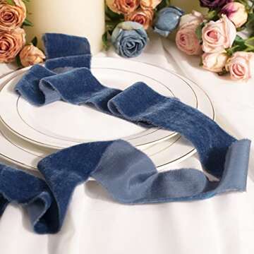 HUIHUANG Blue Silk Velvet Ribbon 2 inch Handmade Fring Ribbon Frayed Velvet Ribbon for Gift Wrapping, Flower Bouquet, Invitations, Holiday Christmas Decor, Wedding Bridal Shower Decor-3 Yards