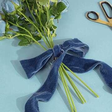 HUIHUANG Blue Silk Velvet Ribbon 2 inch Handmade Fring Ribbon Frayed Velvet Ribbon for Gift Wrapping, Flower Bouquet, Invitations, Holiday Christmas Decor, Wedding Bridal Shower Decor-3 Yards