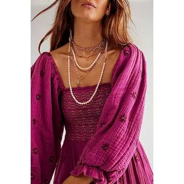 Chloefairy Women's Flower Embroidered Maxi Dress Lantern Sleeve Square Neck Tiered Flowy Spring Fall Dress (as1, Alpha, m, Regular, Regular, Rose Purple)