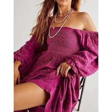 Chloefairy Women's Flower Embroidered Maxi Dress Lantern Sleeve Square Neck Tiered Flowy Spring Fall Dress (as1, Alpha, m, Regular, Regular, Rose Purple)