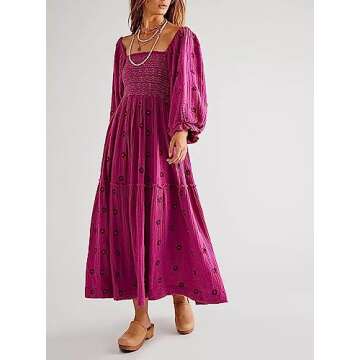 Chloefairy Women's Flower Embroidered Maxi Dress Lantern Sleeve Square Neck Tiered Flowy Spring Fall Dress (as1, Alpha, m, Regular, Regular, Rose Purple)