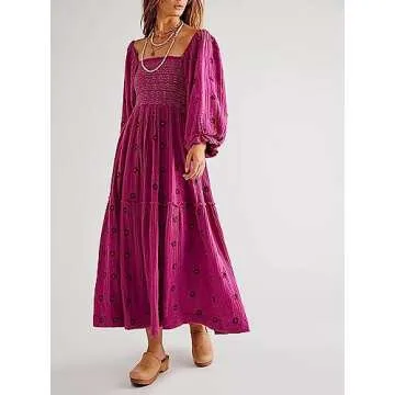 Chloefairy Women's Flower Embroidered Maxi Dress Lantern Sleeve Square Neck Tiered Flowy Spring Fall Dress (as1, Alpha, m, Regular, Regular, Rose Purple)
