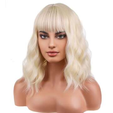 BERON 14 Inches Blonde Wig for Women Short Curly Wig Blonde Wig with Bangs Bob Wig Blonde for Daily ...