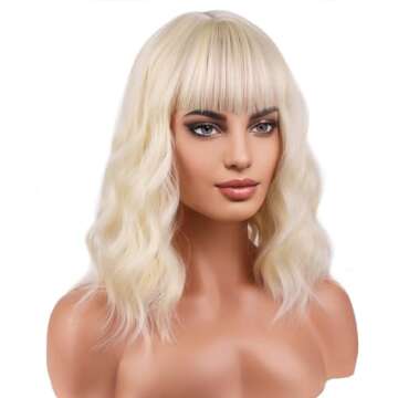 BERON 14 Inches Blonde Wig for Women Short Curly Wig Blonde Wig with Bangs Bob Wig Blonde for Daily Party Wig Cap Include