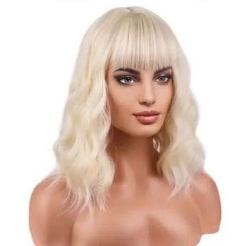 BERON 14 Inches Blonde Wig for Women Short Curly Wig Blonde Wig with Bangs Bob Wig Blonde for Daily Party Wig Cap Include