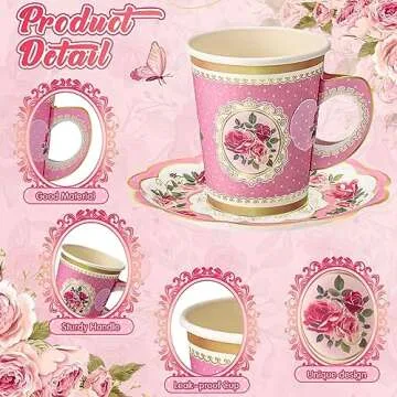 Tioncy 100 Pcs Tea Party Decorations Include 50 Pieces 9 oz Paper Tea Cups with Handle and 50 Plates Disposable Teacups and Saucers Sets for Birthday(Floral)