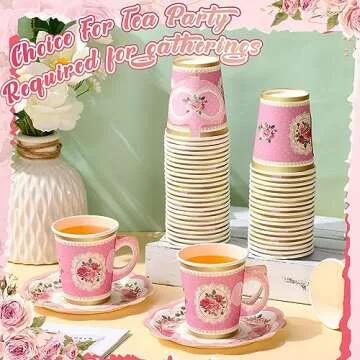 Tioncy 100 Pcs Tea Party Decorations Include 50 Pieces 9 oz Paper Tea Cups with Handle and 50 Plates Disposable Teacups and Saucers Sets for Birthday(Floral)