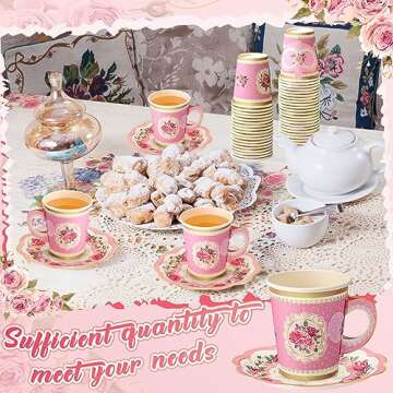 Tioncy 100 Pcs Tea Party Decorations Include 50 Pieces 9 oz Paper Tea Cups with Handle and 50 Plates Disposable Teacups and Saucers Sets for Birthday(Floral)