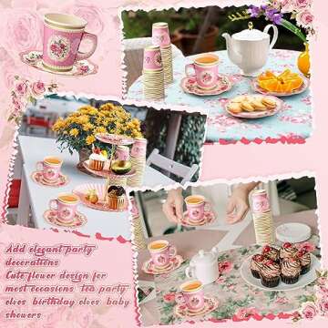 Tioncy 100 Pcs Tea Party Decorations Include 50 Pieces 9 oz Paper Tea Cups with Handle and 50 Plates Disposable Teacups and Saucers Sets for Birthday(Floral)