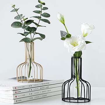 Flower Vases with Iron Art Frame, Metal Geometric Flower Vase, Clear Vase Decorative for Home Office Wedding Holiday Party Celebrate (Black(1PC))
