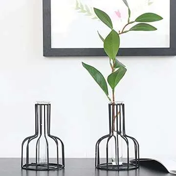 Flower Vases with Iron Art Frame, Metal Geometric Flower Vase, Clear Vase Decorative for Home Office Wedding Holiday Party Celebrate (Black(1PC))
