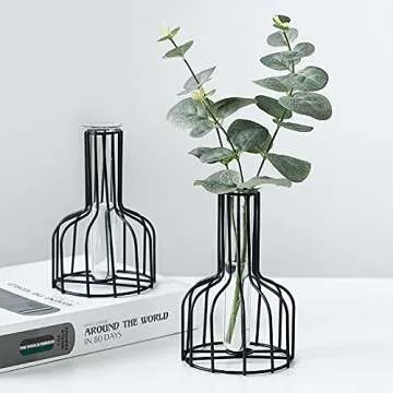 Flower Vases with Iron Art Frame, Metal Geometric Flower Vase, Clear Vase Decorative for Home Office Wedding Holiday Party Celebrate (Black(1PC))