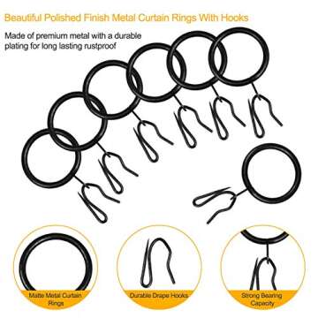 60 Pcs Metal Curtain Rings with Eyelet Curtain Rings and 60 Pcs Metal Curtain Rods Hooks Drapery Hook, 30 mm Internal Diameter Curtain Rod Rings Drapery Eyelet Sliding Curtain Rings (Black)