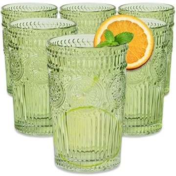 Vintage Green Striped Drinking Glasses Set of 6