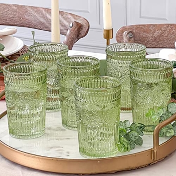 Vintage Green Striped Drinking Glasses Set of 6