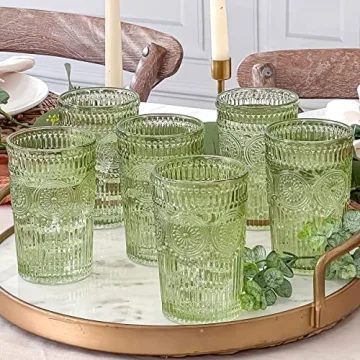 Vintage Green Striped Drinking Glasses Set of 6